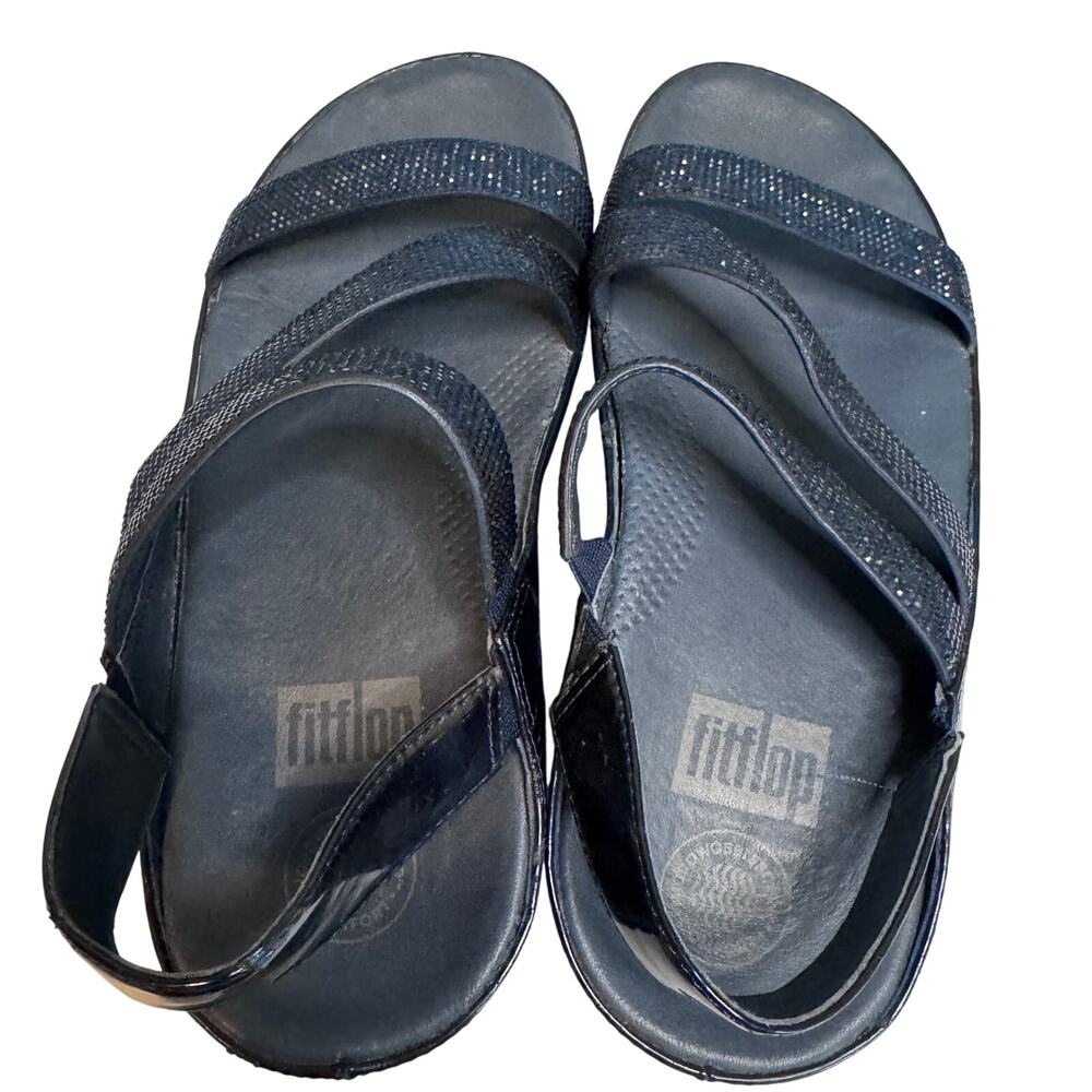 FitFlop Glitz Nova Slide Wedge Sandals Navy Blue Rhinestone Shimmer Women's US 6